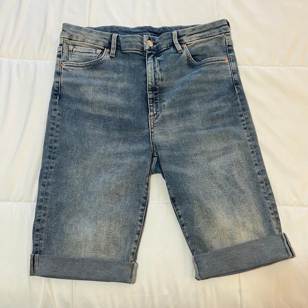H&M High Waisted Ankle Jeans Women 12 Slim Blue Stretch Denim Cuffed Shorts 2in1